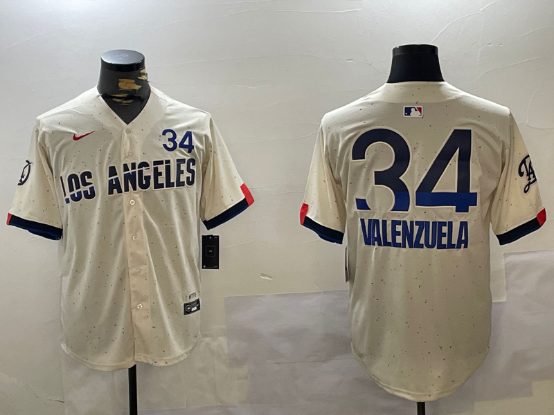 Men's Los Angeles Dodgers Fernando Valenzuela #34 Cream 2024 World Series Champions City Connect Limited Jersey